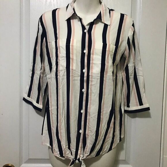 Reitmans Collared Stripe Button Down Front Knotted Blouse 3/4 XXS - Picture 1 of 10